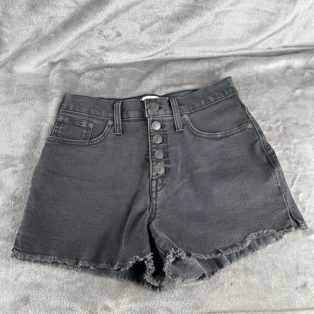 Madewell High Rise Denim Shorts Black Button Fly Raw Hem Size 25